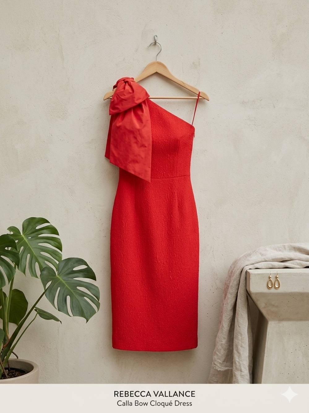 REBECCA VALLANCE Calla Red One-Shoulder Bow Cloqué Midi Dress Size US4 UK8 NWT